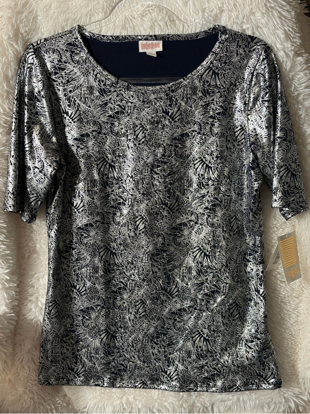 LuLaRoe Silver Metallic Patterned Top on Navy